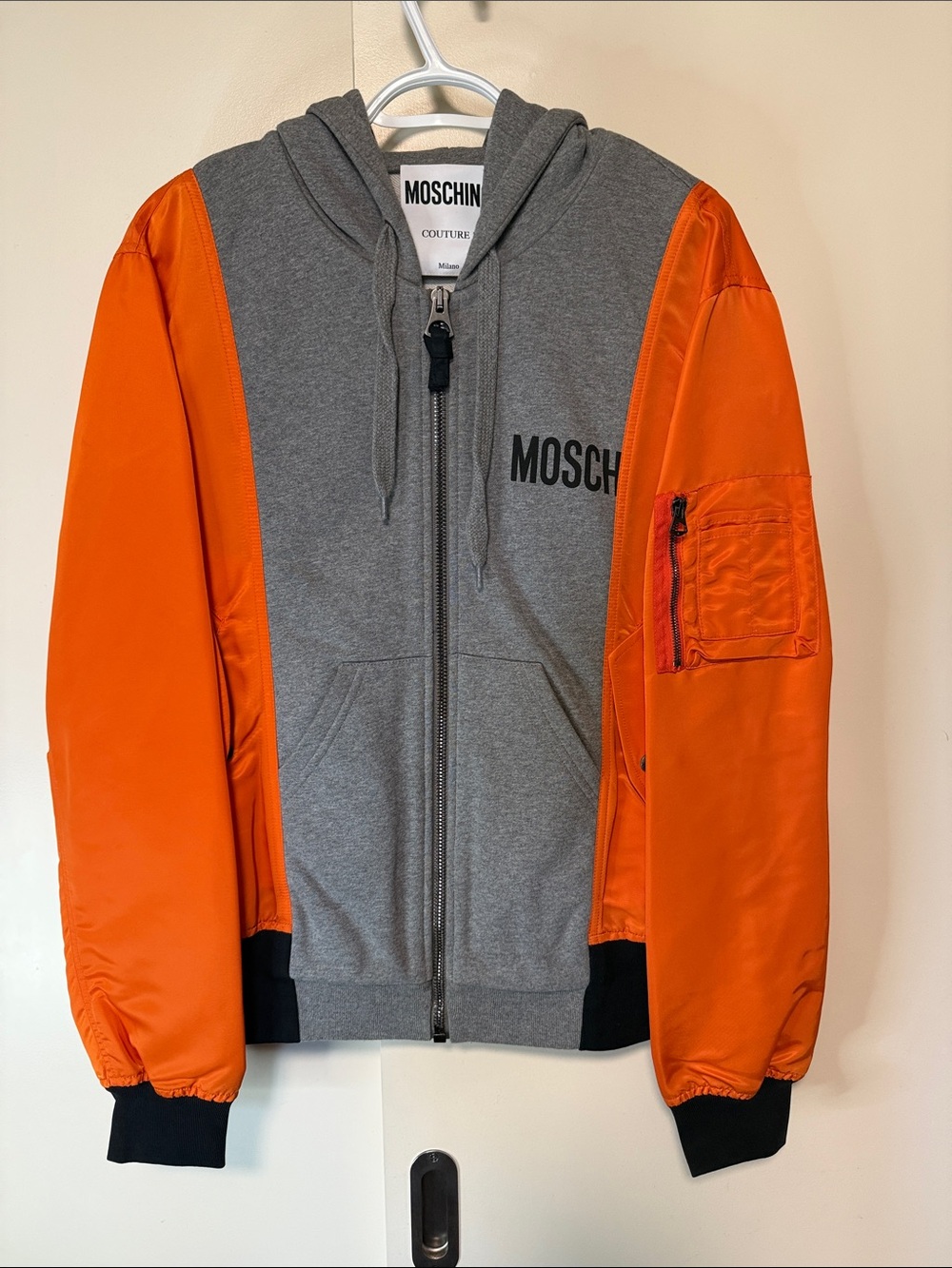 Moschino Couture Orange & Gray Construction Hooded Jacket